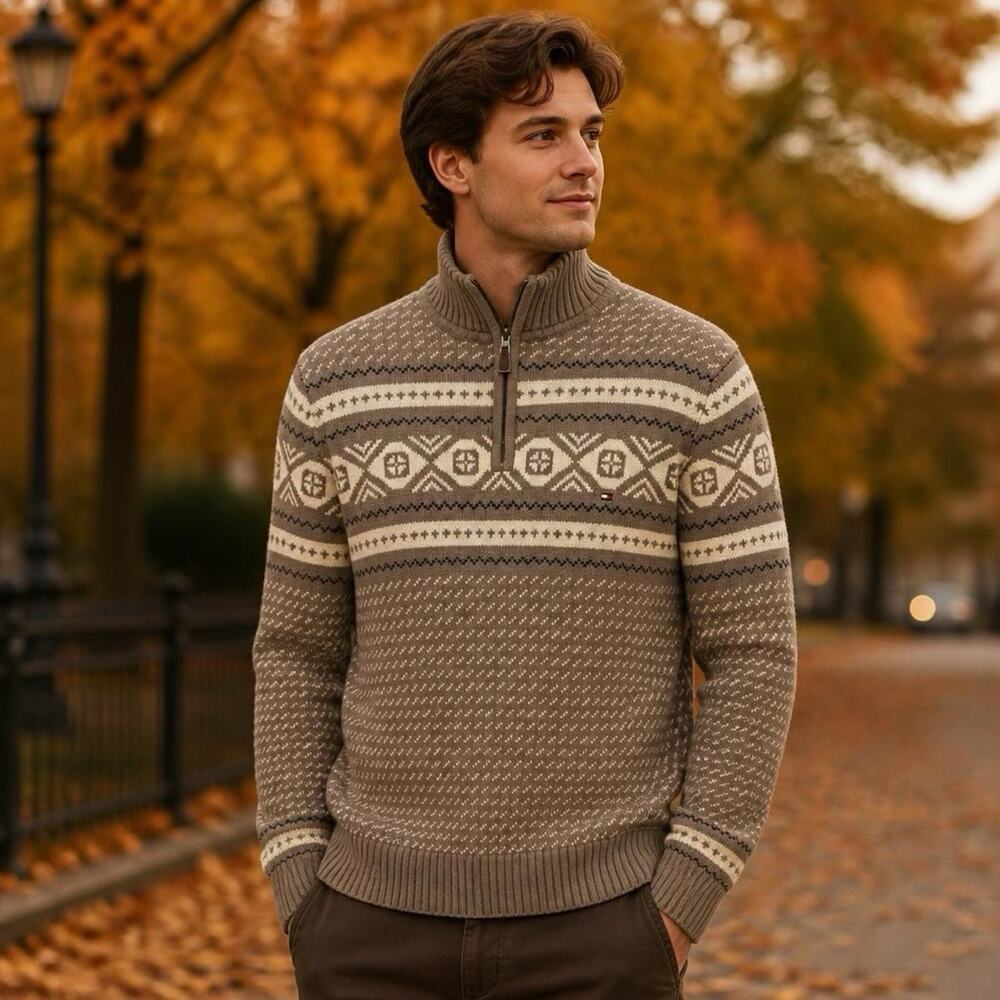 Tommy Hilfiger Sweater Unisex S/P 1/4 Zip FairIsle Knit Pullover Logo Y2K Preppy